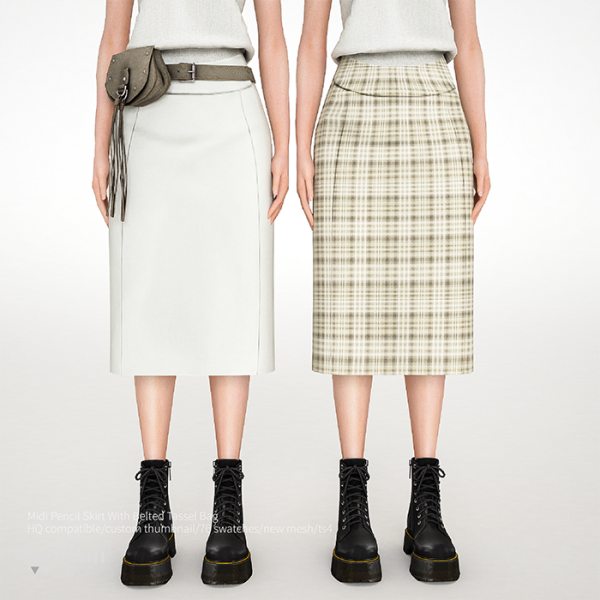 Alpha Midi Pencil Skirt With Belted Tassel Bag by simsfinds - The Sims 4 Custom Content