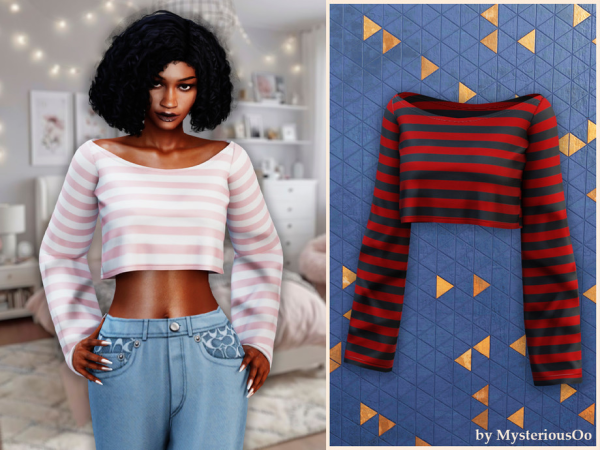 Alpha Striped cropped long sleeve top by MysteriousOo - The Sims 4 Custom Content