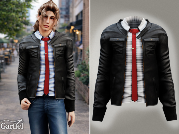 Alpha Adult Leather jacket outfit with plaid shirt and tie by Garfiel - The Sims 4 Custom Content