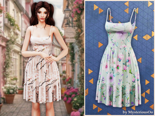 Alpha Floral strap ruffle hem dress by thesimsresource - The Sims 4 Custom Content