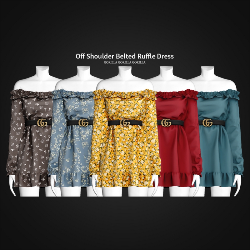 Alpha Off Shoulder Belted Ruffle Dress by simsfinds - The Sims 4 Custom Content