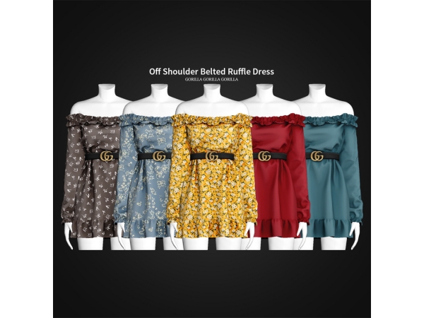Alpha Off Shoulder Belted Ruffle Dress - The Sims 4 Custom Content