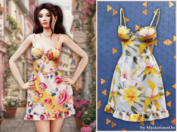 Alpha Floral bustier ruffle hem dress by thesimsresource - The Sims 4 Custom Content