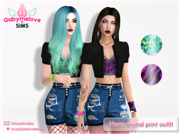 Sims 4 Maxis Mix Female Denim Outfits CC: Neon Animal Print Outfit (Remastered)