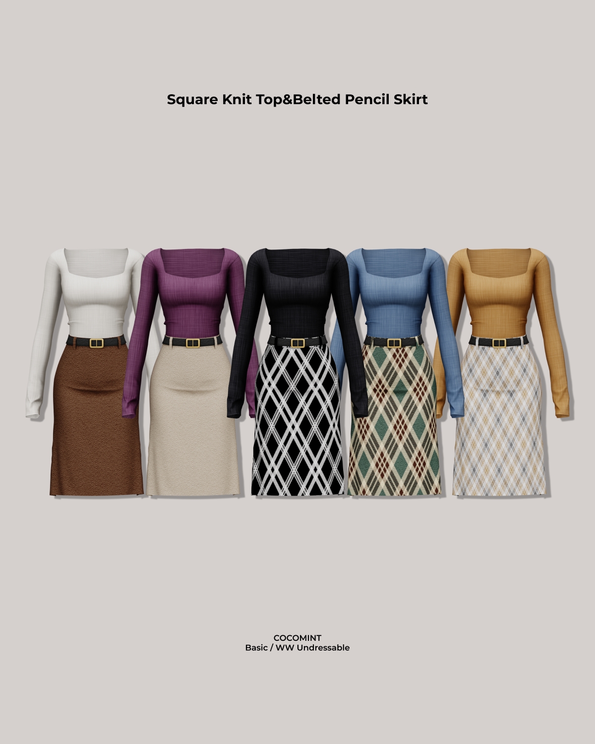 Alpha [cocomint] Square Knit TopBelted Pencil Skirt by cocomint - The Sims 4 Custom Content
