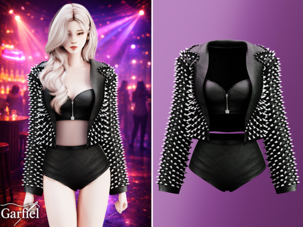 Alpha Adult Spiked jacket set with bralette and shorts by Garfiel - The Sims 4 Custom Content