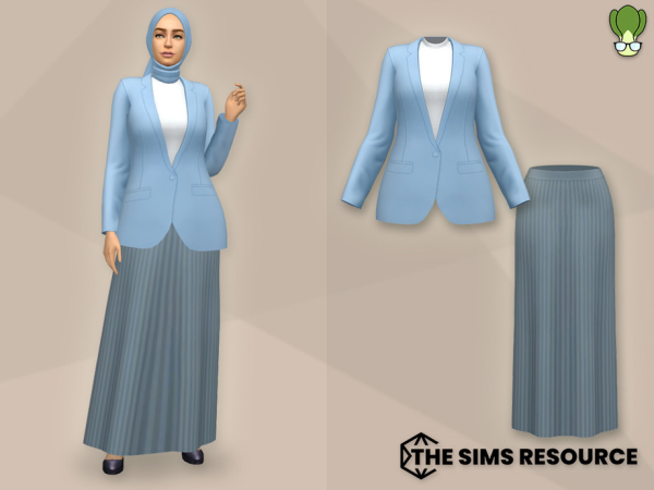 Maxis Match Modest Wear Set One Button Blazer Pleated Maxi Skirt - The Sims 4 Custom Content