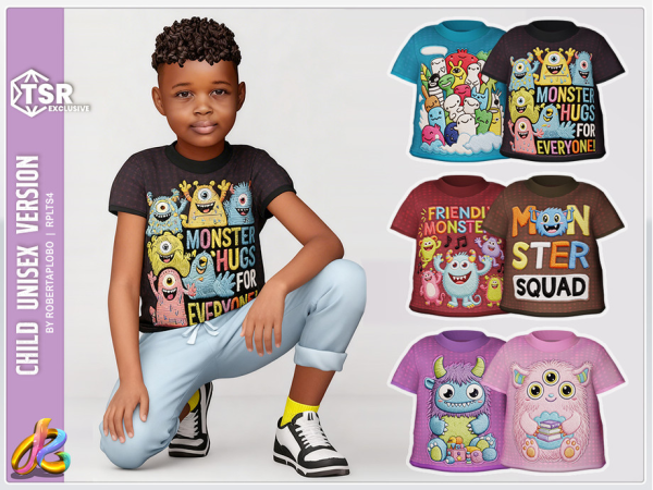 Alpha 349 Child Unisex Top Cute Monster Friends Tee by RobertaPLobo - The Sims 4 Custom Content