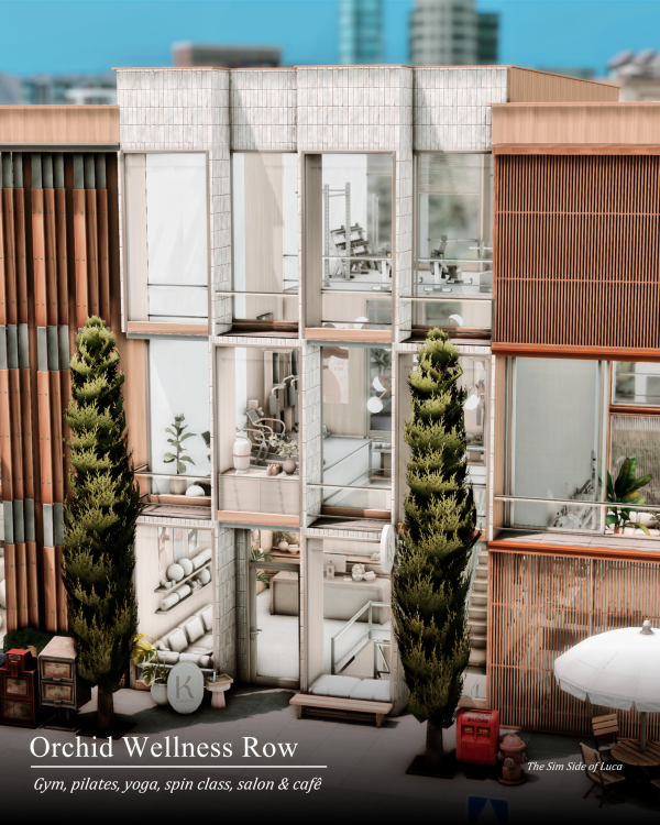 Maxis Match Orchid Wellness Row [Gym Salon Bar] Del Sol Valley by simsfinds - The Sims 4 Custom Content