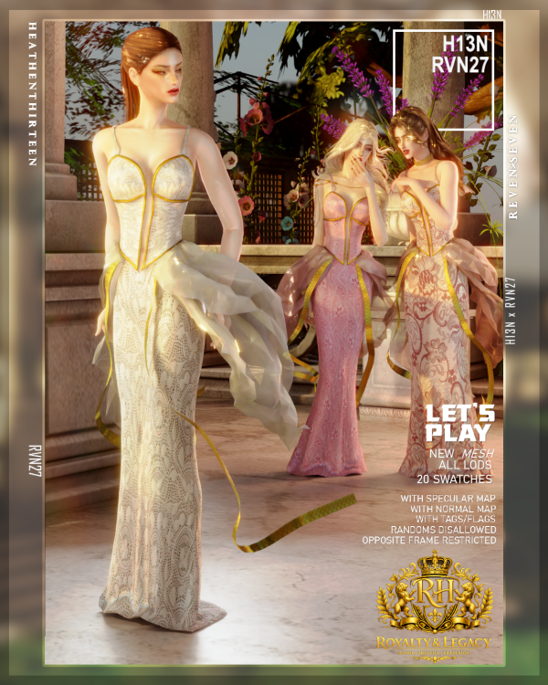 Alpha Deep Neckline Gold Trim Corset Bodice Long Dress by simsfinds - The Sims 4 Custom Content