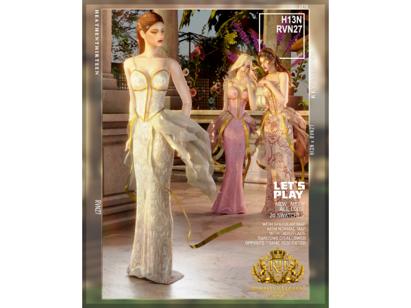 Alpha Deep Neckline Gold Trim Corset Bodice Long Dress by heathenthirteen - The Sims 4 Custom Content