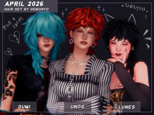 Maxis Match april 2026 hair set by demonyo - The Sims 4 Custom Content