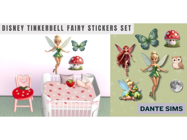 Sims 4 Alpha Rooms CC: Disney Tinkerbell fairy wall stickers set