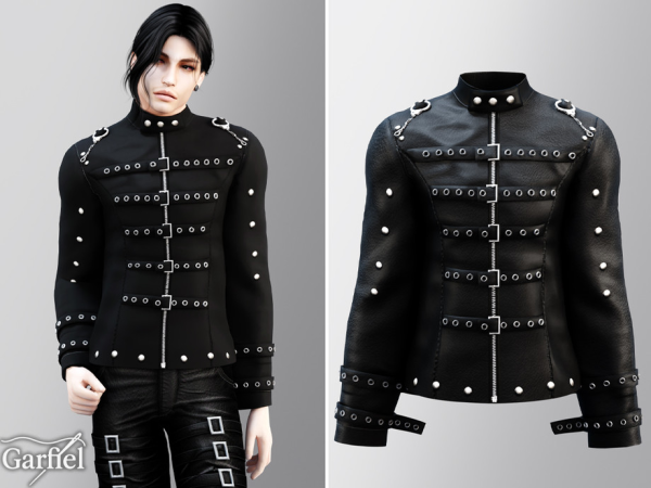 Alpha Adult Dark industrial jacket with straps and stud details by Garfiel - The Sims 4 Custom Content