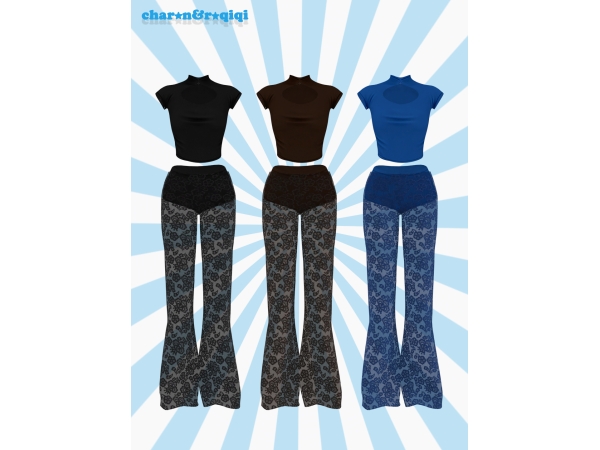 Mix [charonroqiqi]Openwork Short Sleeve Top Lace Trousers - The Sims 4 Custom Content