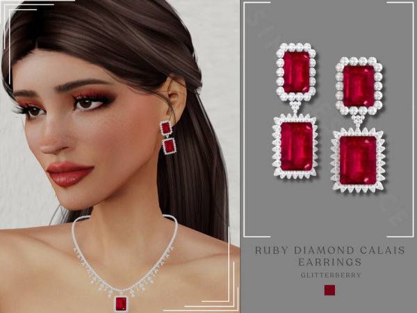 Alpha PATREON Ruby Diamond Calais Earrings by Glitterberryfly - The Sims 4 Custom Content