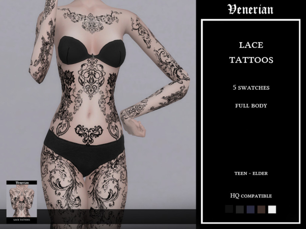 Sims 4 Alpha Female Tattoos CC: Lace Tattoos by Venerian - Full Body