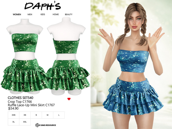 Alpha Daph's Crop Top and Ruffle Lace Up Mini Skirt - The Sims 4 Custom Content