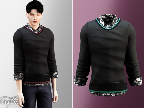 Alpha Adult Casual sweater layered over floral patterned dress shirt by Garfiel - The Sims 4 Custom Content