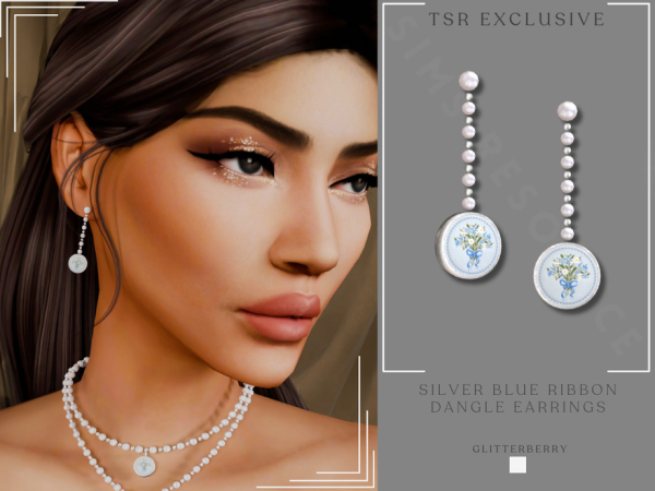 Alpha Silver Blue Ribbon Dangle Earrings by Glitterberryfly - The Sims 4 Custom Content