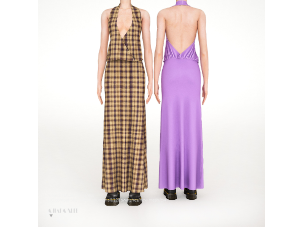 Alpha V Neck Halter Maxi Dress by charonlee - The Sims 4 Custom Content