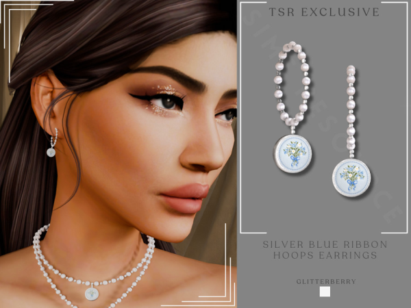 Alpha Silver Blue Ribbon Hoop Earrings by Glitterberryfly - The Sims 4 Custom Content