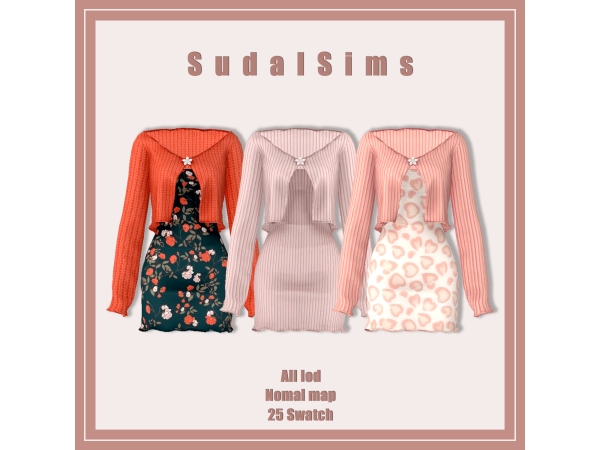 Alpha [sudal] Flower button cardigan dress sims by sudal - The Sims 4 Custom Content