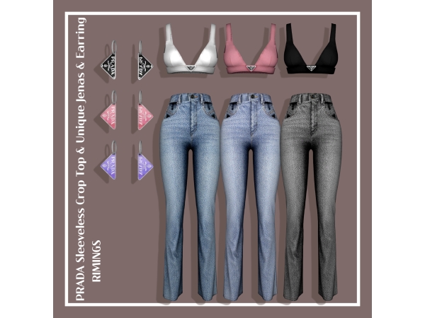 Alpha [RIMINGS] PRADA Sleeveless Crop Top Unique Jeans Earring - The Sims 4 Custom Content