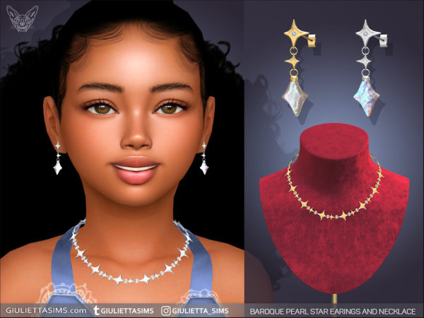 Alpha Baroque Pearl Star Earrings And Star Diamond Necklace For Kids - The Sims 4 Custom Content