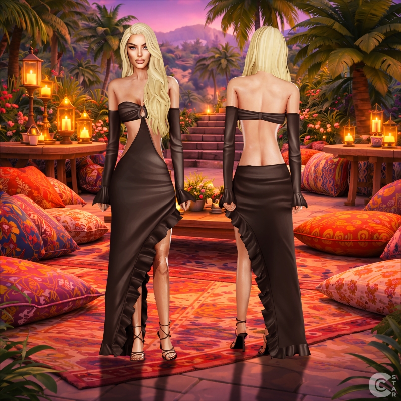 Maxis Match Cutout Bandeau Ruffle Slit Dress cool_content_star by cool_content_star - The Sims 4 Custom Content