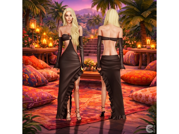 Maxis Match Cutout Bandeau Ruffle Slit Dress cool_content_star - The Sims 4 Custom Content