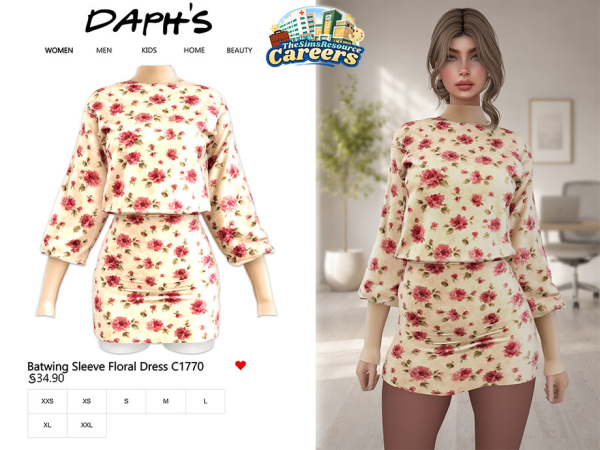 Alpha Daph's CAREERS Batwing Sleeve Floral Dress - The Sims 4 Custom Content