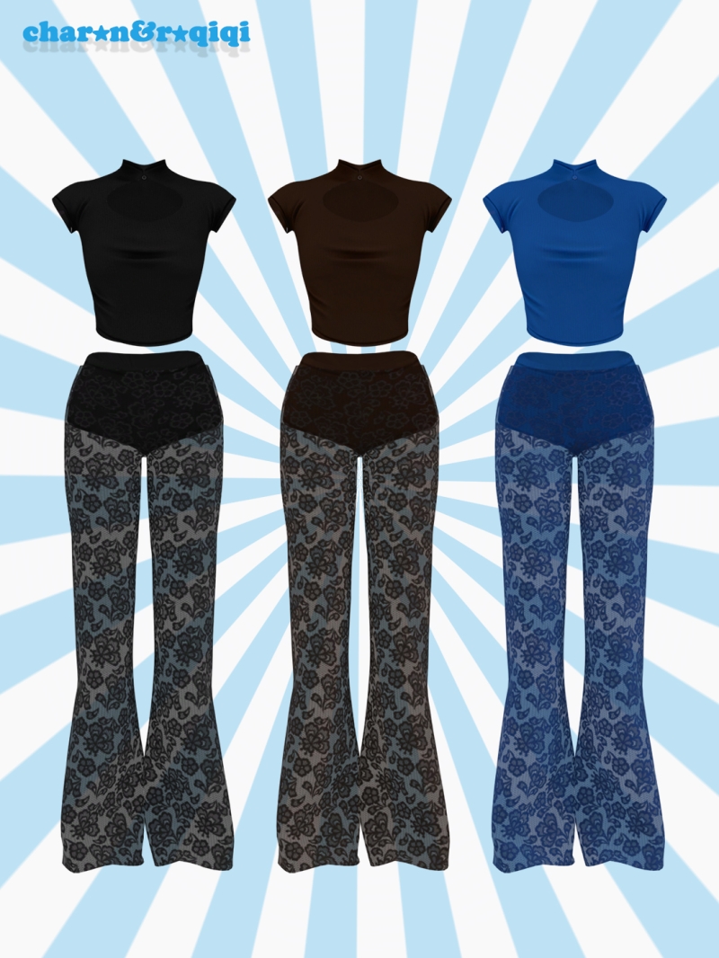 Mix [charonroqiqi]Openwork Short Sleeve Top Lace Trousers by roqiqi - The Sims 4 Custom Content