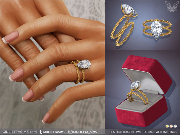 Alpha Pear Cut Twisted Band Engagement And Wedding Rings Set - The Sims 4 Custom Content