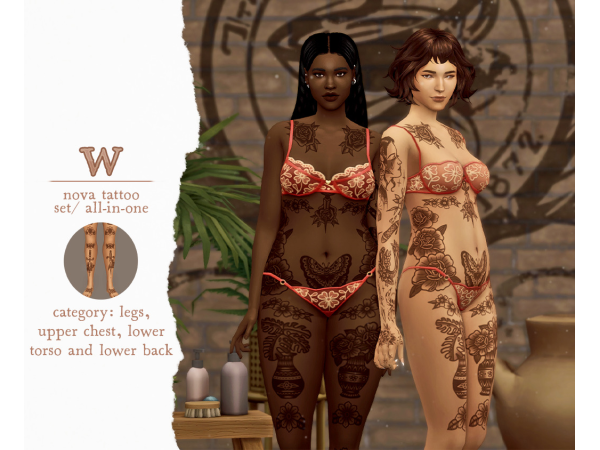 Mix nova full frontal body tattoo set by wrixie - The Sims 4 Custom Content