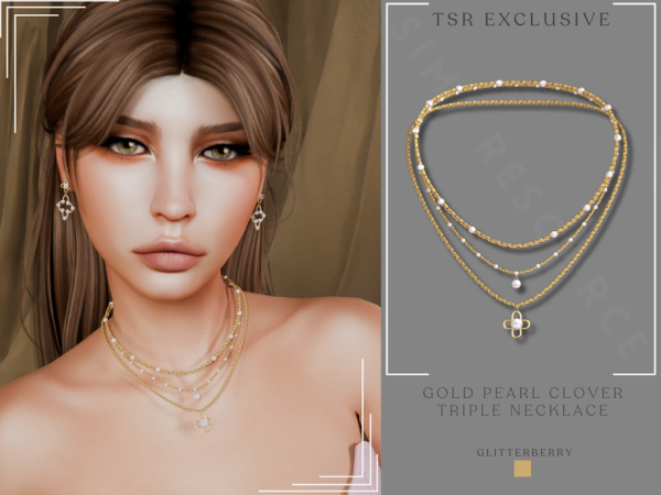 Mix Gold Pearl Clover Triple Necklace - The Sims 4 Custom Content