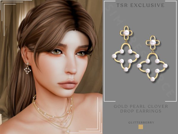 Mix Gold Pearl Clover Drop Earrings - The Sims 4 Custom Content