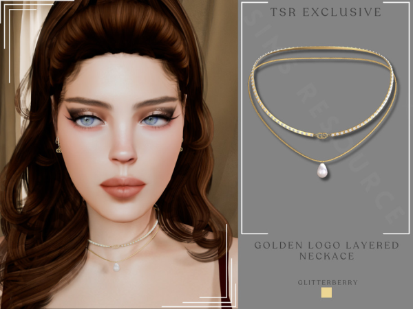 Alpha Golden Pearl Logo Layered Necklace by Glitterberryfly - The Sims 4 Custom Content