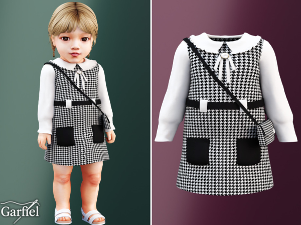 Alpha Infant Houndstooth pinafore outfit with sweet little bag by Garfiel - The Sims 4 Custom Content