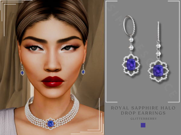 Alpha PATREON Royal Sapphire Halo Drop Earrings by Glitterberryfly - The Sims 4 Custom Content