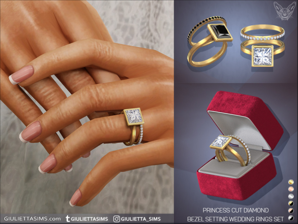 Alpha Princess Cut Diamond Bezel Setting Engagement And Wedding Rings Set by feyona - The Sims 4 Custom Content