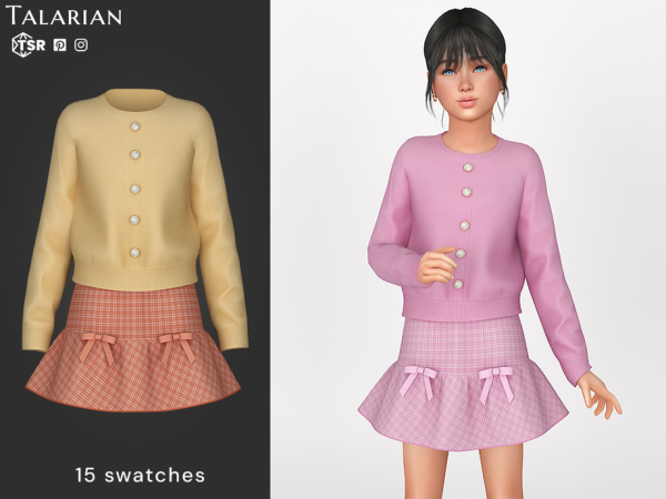Mix Sutton Button Detail Sweater with Plaid Skirt Outfit CHILD by talarian - The Sims 4 Custom Content