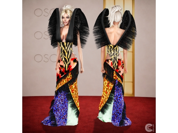 Alpha Fringe Extreme Plunge Patchwork Gown - The Sims 4 Custom Content