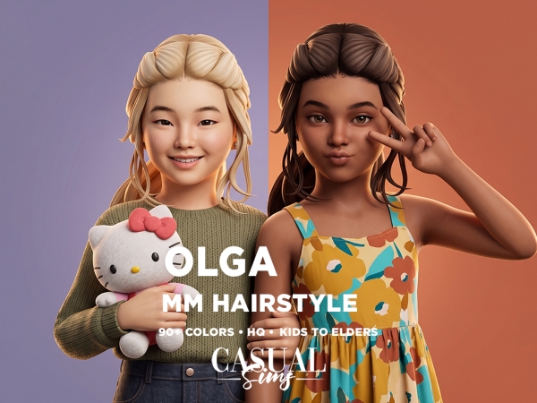Alpha Olga Hairstyle MAXIS MATCH KIDS (With and Without Bangs) - The Sims 4 Custom Content