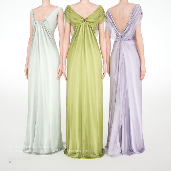Alpha Off Shoulder Ruched Long Dress by simsfinds - The Sims 4 Custom Content