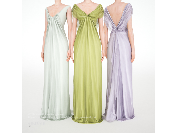 Alpha Off Shoulder Ruched Long Dress by charonlee - The Sims 4 Custom Content