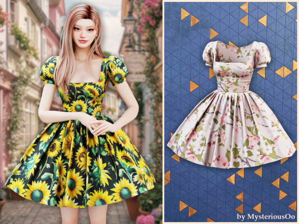 Alpha Sunflower bloom dress by MysteriousOo - The Sims 4 Custom Content