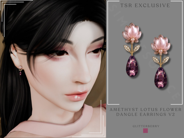 Alpha Amethyst Lotus Flower Dangle Earrings v2 by Glitterberryfly - The Sims 4 Custom Content