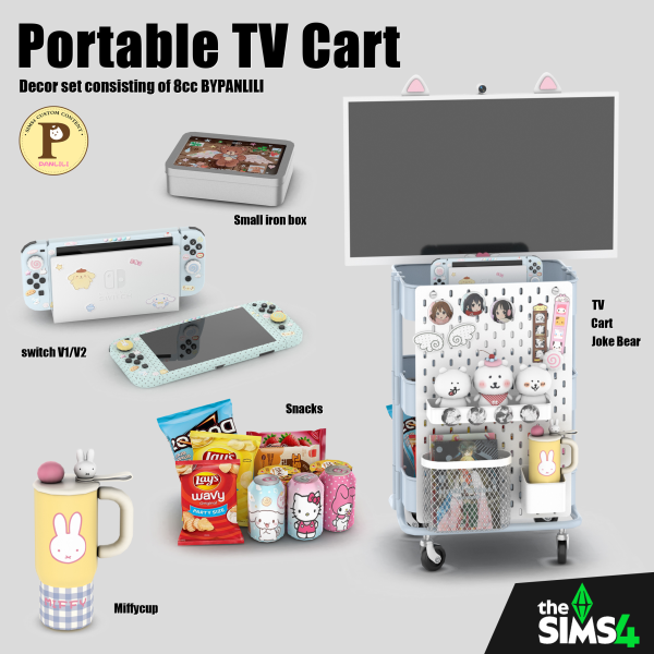 Mix Portable TV Cart Set by simsfinds - The Sims 4 Custom Content