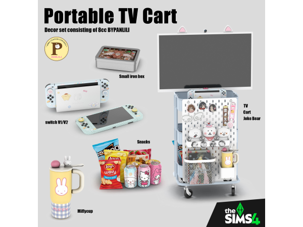 Mix Portable TV Cart Set by PANLILI - The Sims 4 Custom Content